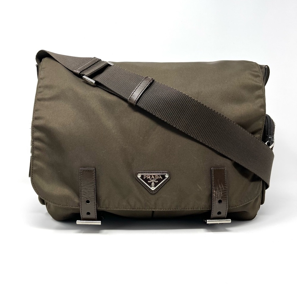 Prada Olive Nylon Messenger Crossbody with Leather Trim